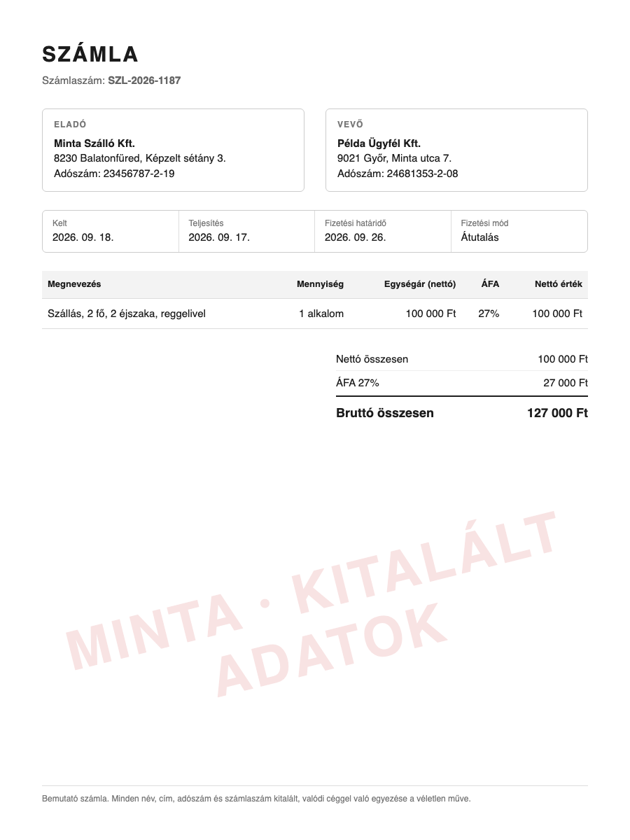 Kitalált mintaszámla hibás ÁFA-kulccsal, a bemutatóhoz